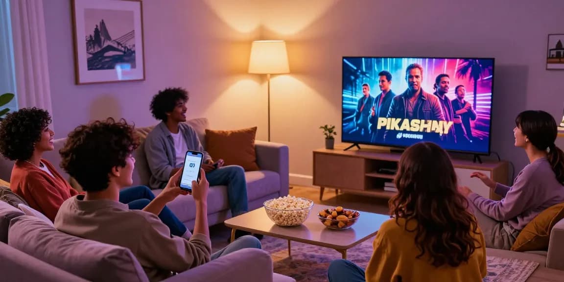 Friends streaming movies using Pikashow APK download in a cozy living room.