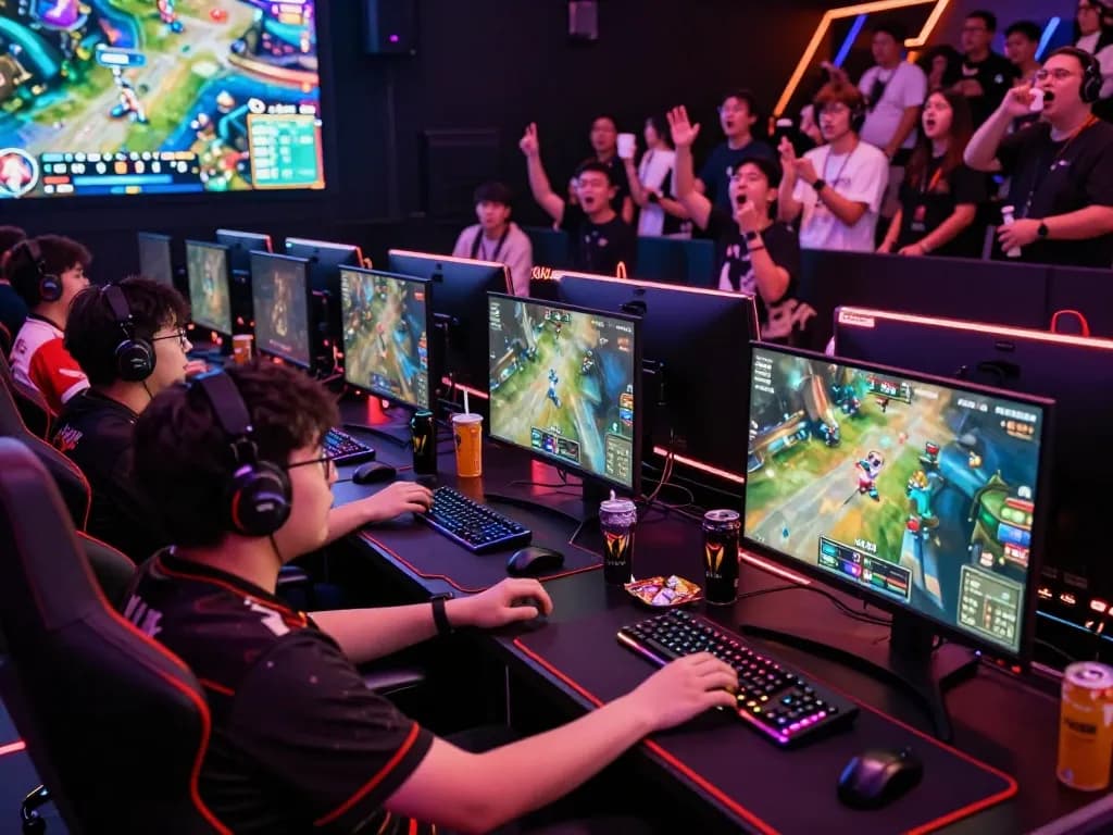 Max102 gamers in a lively esports arena with colorful LED lights and intense focus.