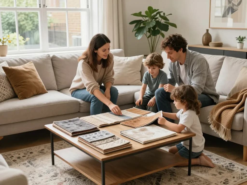 Family selecting affordable carpets London in a cozy living room scene with colorful samples.