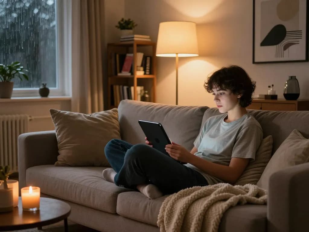 Engaging in ai sex chat comfortably at home in a cozy living room.