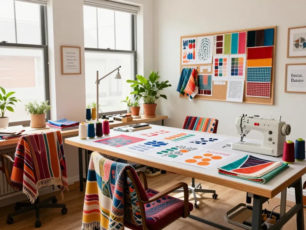 Sunwin's textile design studio showcasing vibrant fabrics and creative tools, highlighting innovative home textile concepts.