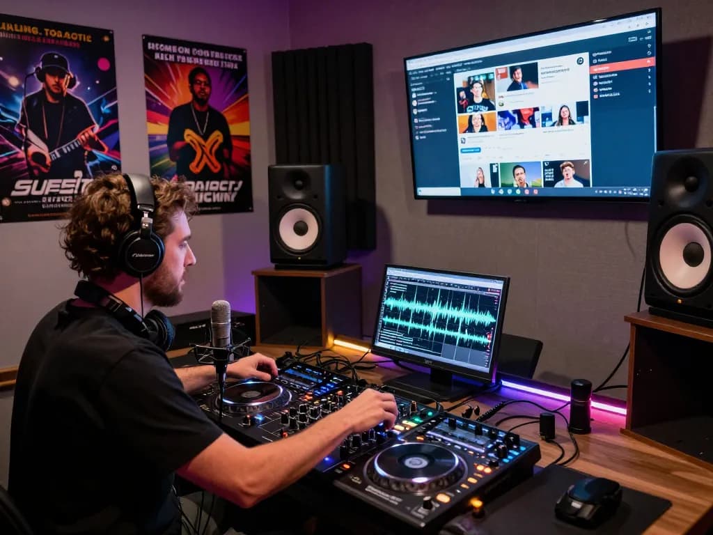 8Day DJ artist mixing tracks in a vibrant electronic music studio