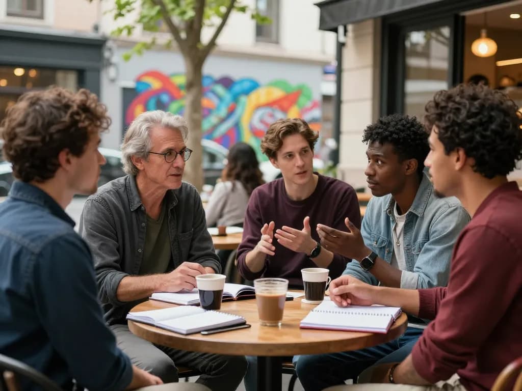 Engaging manclub gathering at an urban café discussing life experiences.