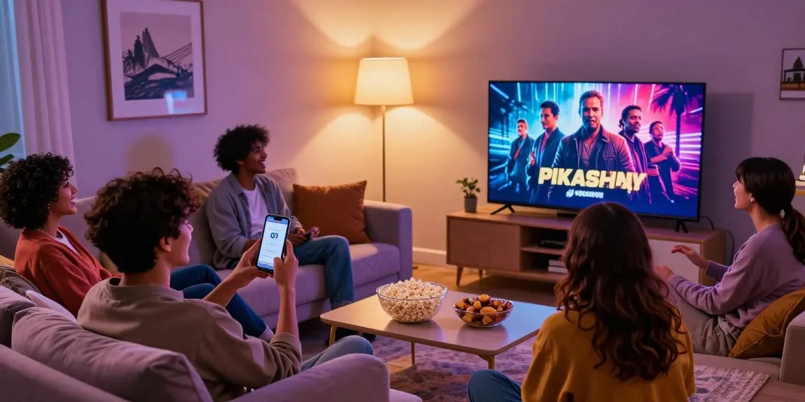Friends streaming movies using Pikashow APK download in a cozy living room.