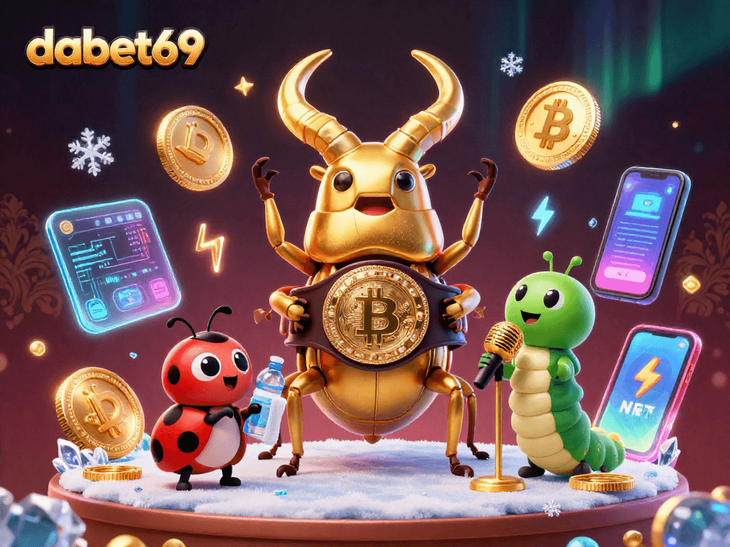 dabet69 showcases a vibrant casino scene featuring a golden stag beetle in a championship belt surrounded by crypto elements.