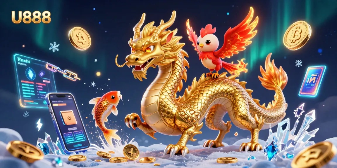 Experience U888's vibrant casino magic with a swirling dragon, phoenix, and koi amidst crypto elements.
