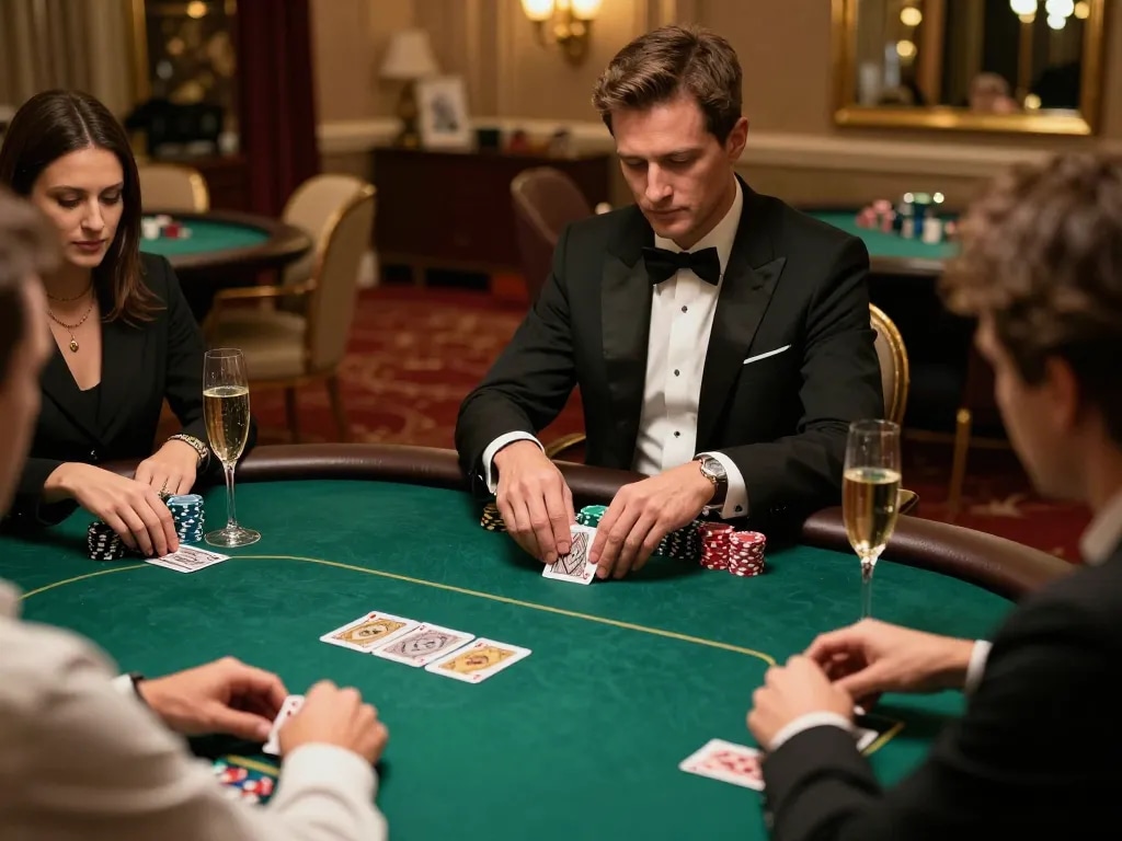 Poker players strategizing at an upscale game table in a luxury setting with bets showcased on https://da88at.com/.