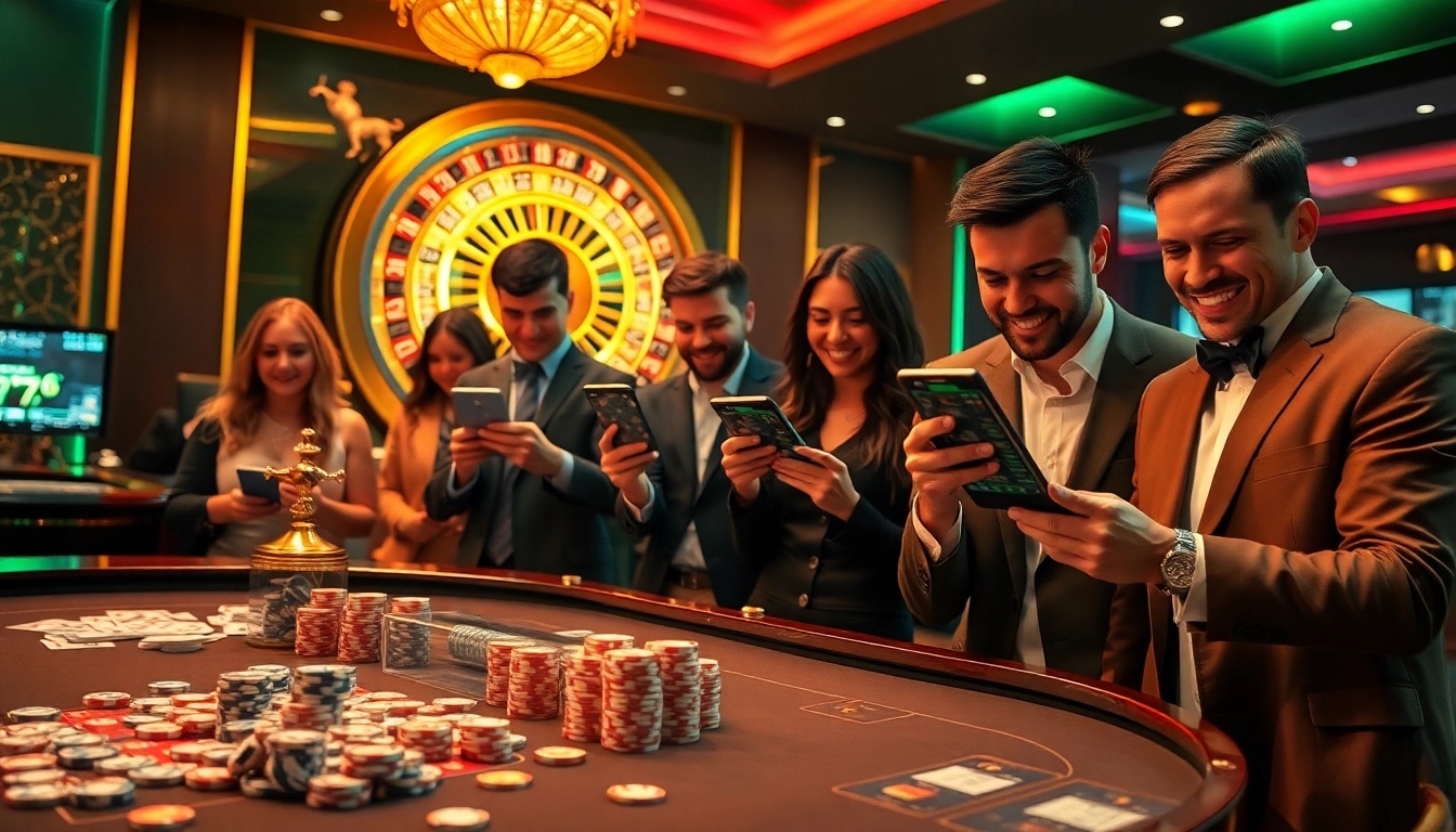 Engaged gamblers placing bets on keonhacai while analyzing odds in a luxury casino.