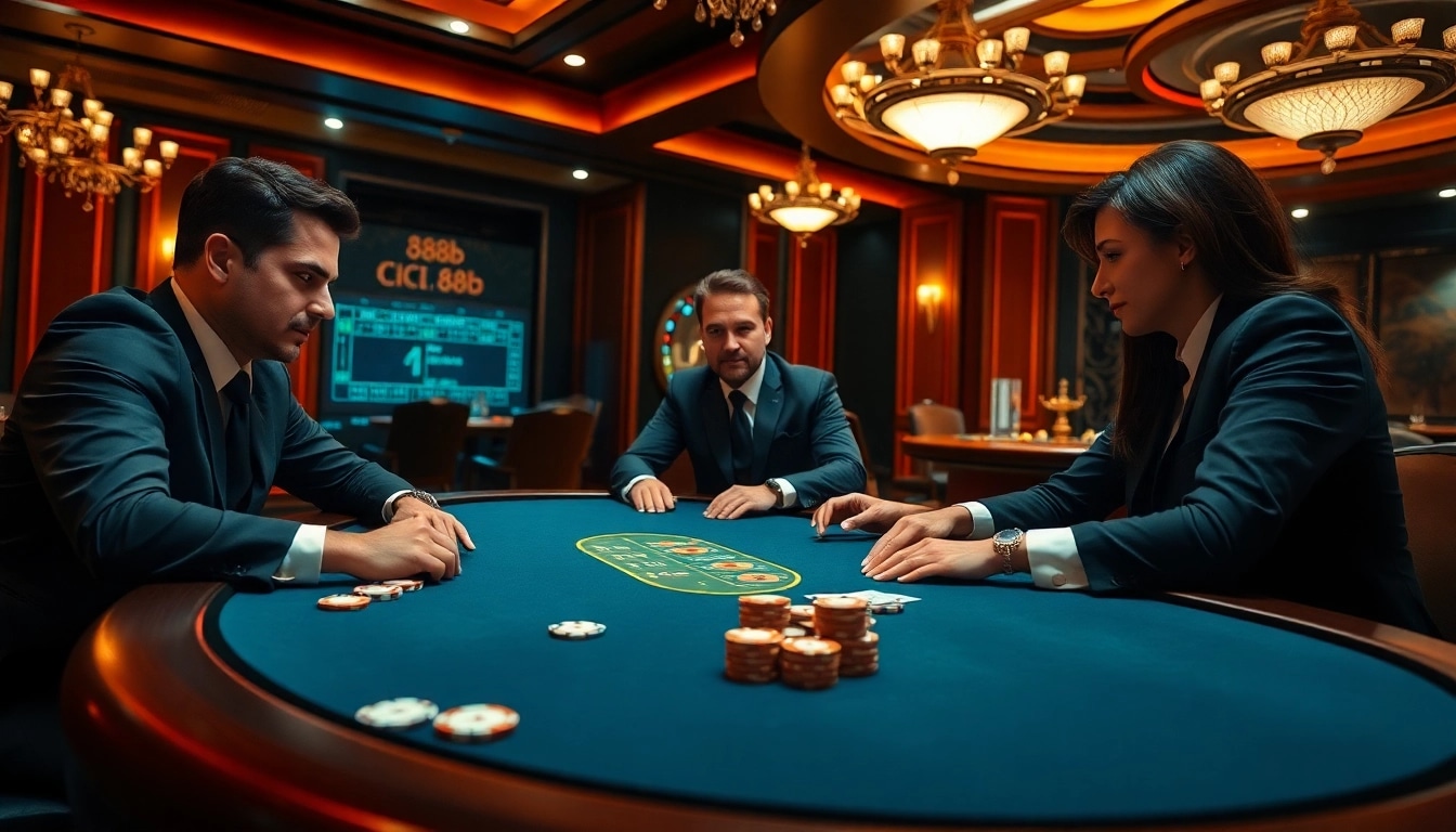 Players engaging in a high-stakes game at the 888b poker table, showcasing excitement and luxury.