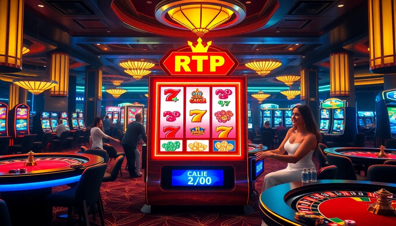 Engaging with a slot gacor machine in a high-energy casino ambiance filled with excitement.