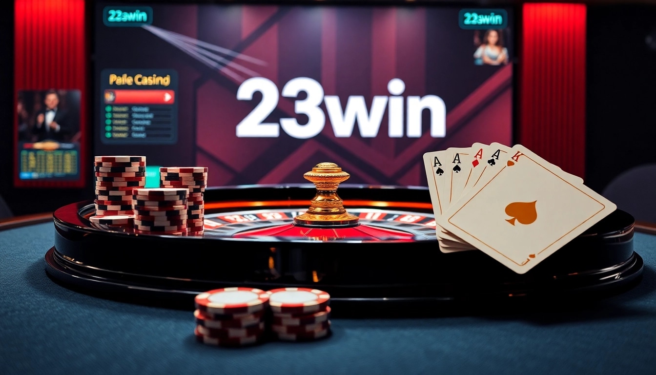 A vibrant casino scene showcasing 23win's roulette table and poker chips, highlighting luxury and excitement.