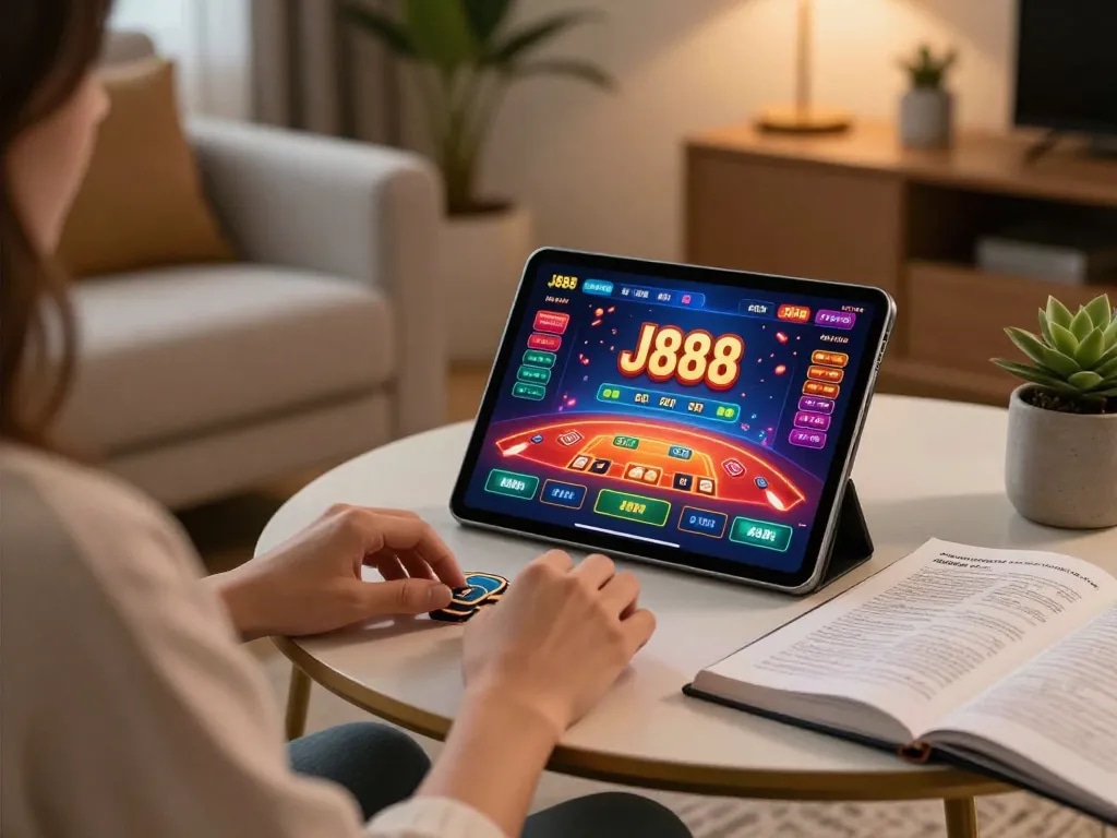 A captivating scene of a player engaging in J888 online casino gameplay from a stylish home setup