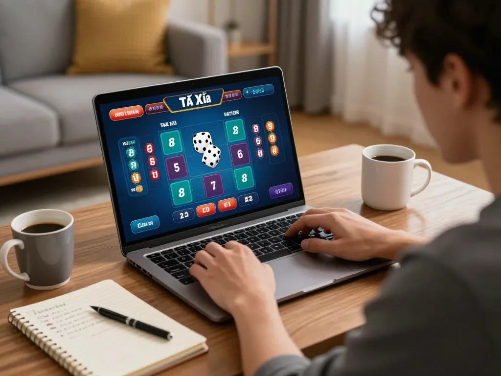 Tài Xỉu gameplay on a laptop in a cozy home setting, embodying strategic and responsible gaming.