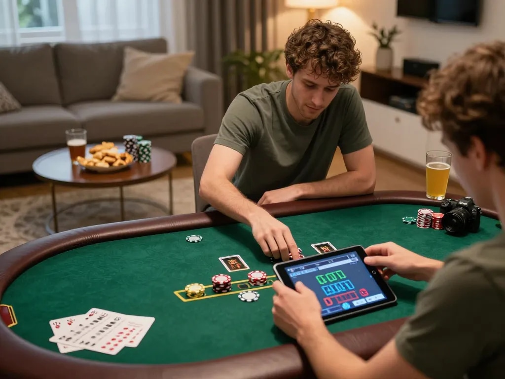 Person playing blackjack on tablet in a cozy setting, showcasing nhà cái fly88 engagement and responsible gaming.