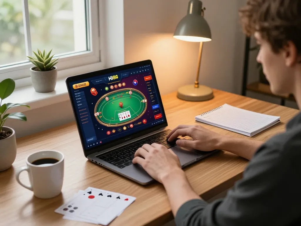 Engaging online player enjoying HB88's casino games, creating a cozy gaming atmosphere.