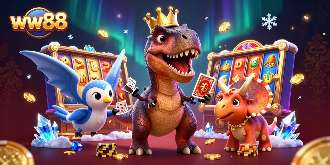 Engage in thrilling action with ww88 in an exciting slots scene with dinosaur characters and golden coins.