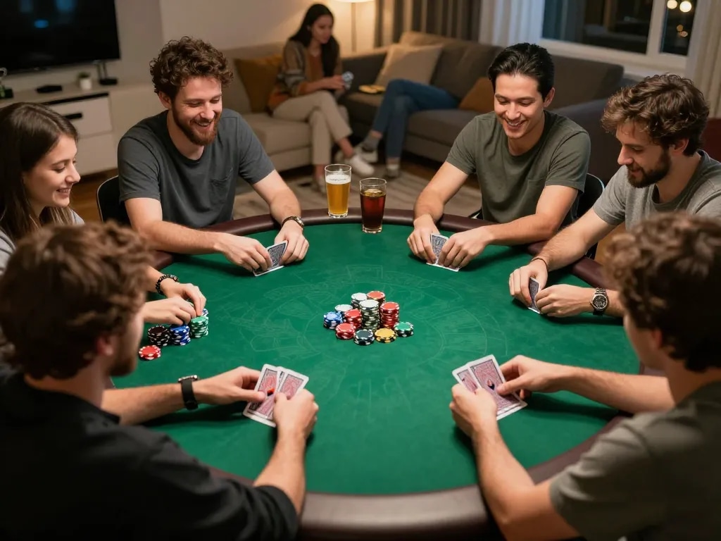 Players engaged in a thrilling poker game at home, showcasing gi88 strategic interactions and fun atmosphere