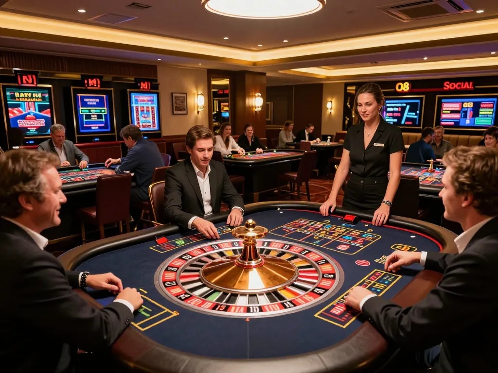 Watch players engage in exhilarating gameplay at O8 SOCIAL's live casino, with roulette excitement shining through.
