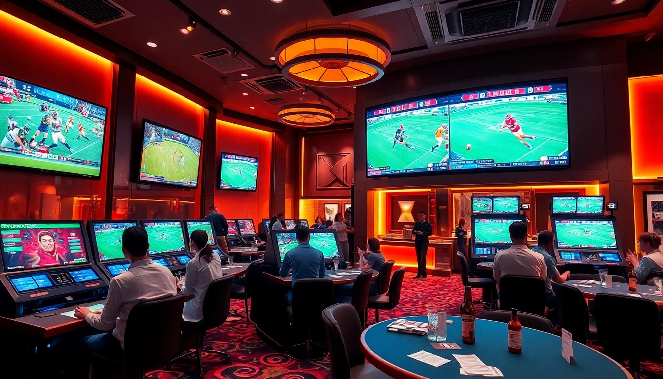 Cược thể thao betting slips on a luxurious sports betting lounge table with excited gamblers.