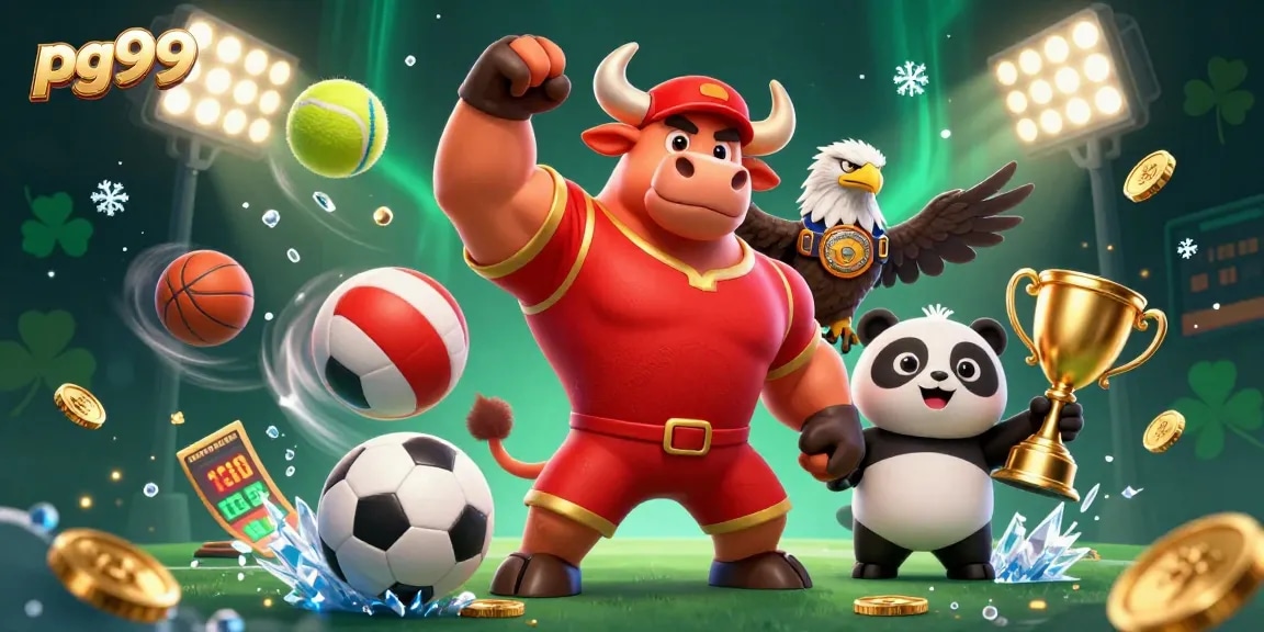 Engage with pg99's thrilling sports betting universe featuring mascots celebrating victory.