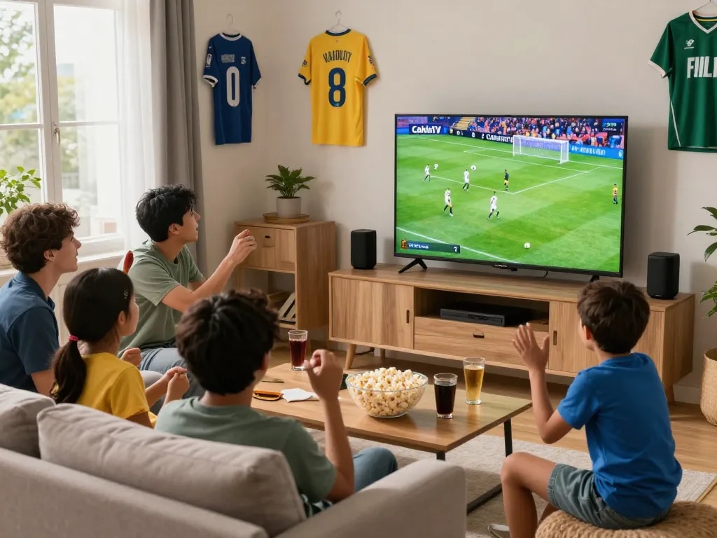 Exciting soccer viewing experience with CakhiaTV in a vibrant living room atmosphere.