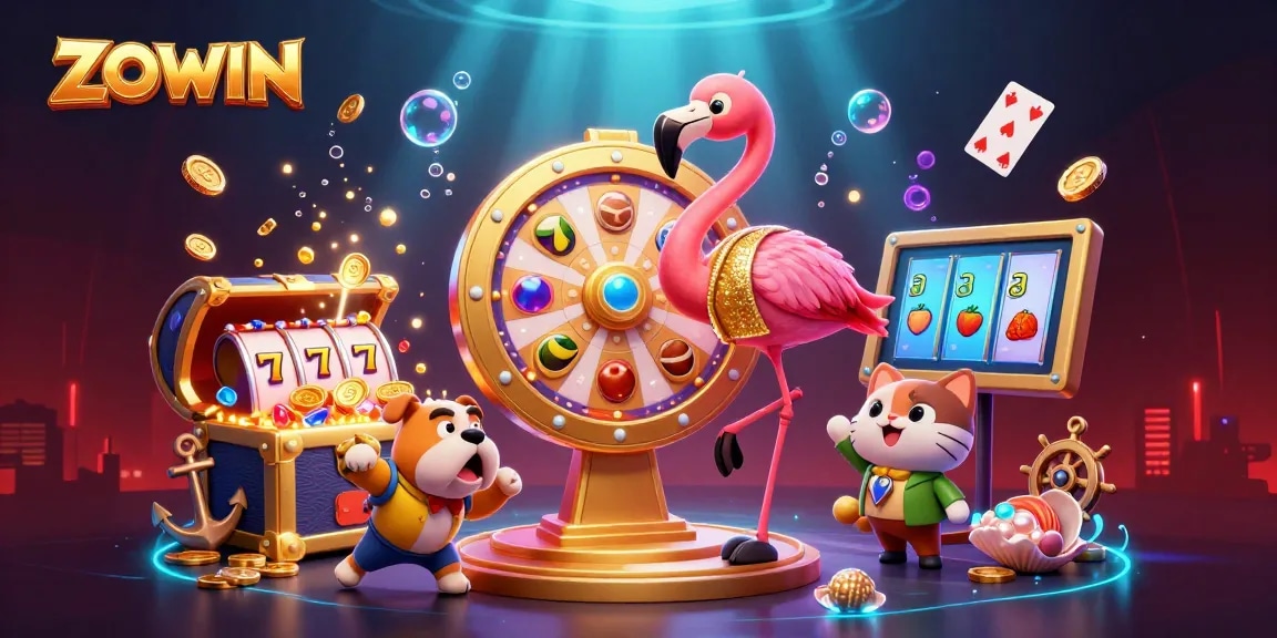 Spin to win with ZOWIN in a vibrant casino scene filled with excitement and prizes.