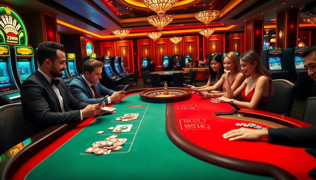 Experience high-stakes excitement at Nhà cái 23win's modern casino with vibrant gaming scenes.