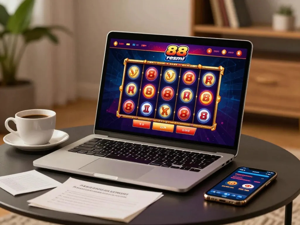 Engaging in slot88 resmi gameplay on a laptop in a cozy home setting with strategic notes.