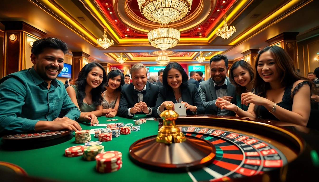 Players enjoying a vibrant casino scene at JBO's luxurious gaming table, showcasing poker and roulette excitement.