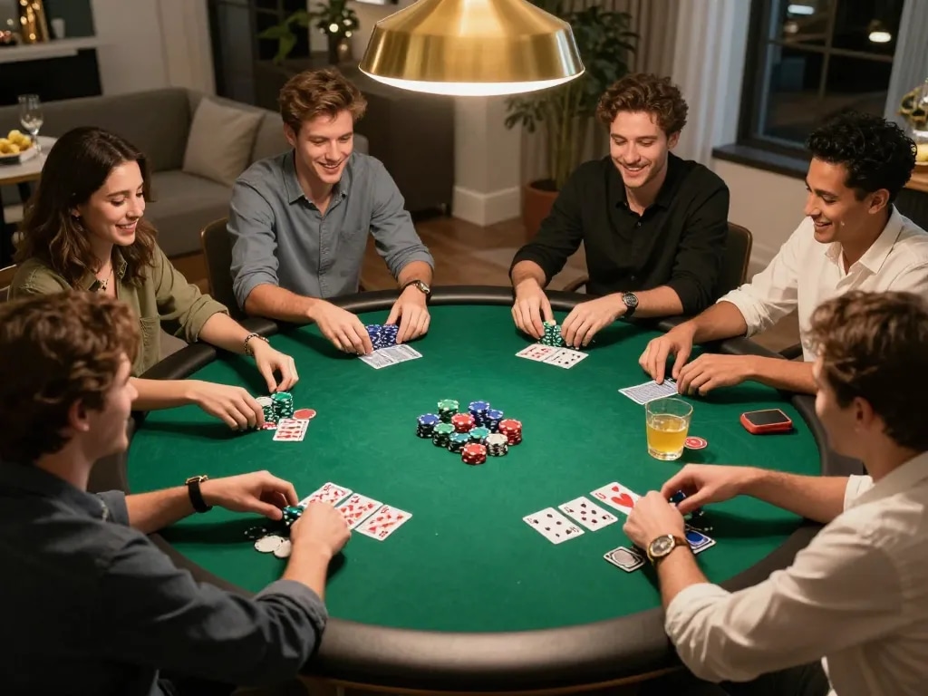 Gathering around a home poker table showcasing a keonhacai5 strategic gaming environment with friends.