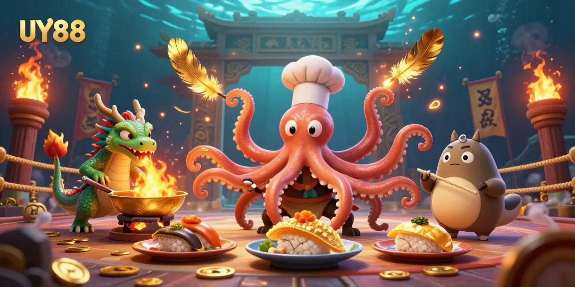 Engage with UY88's vibrant casino experience as the octopus chef serves up golden dishes with excitement.