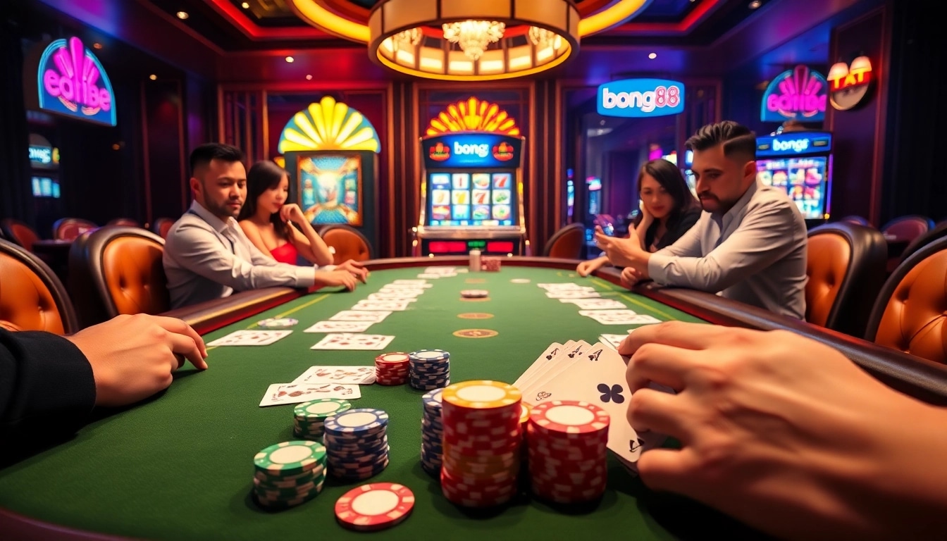 Experience high-stakes excitement at bong88 poker tables, with vibrant chips and cards ready for play.