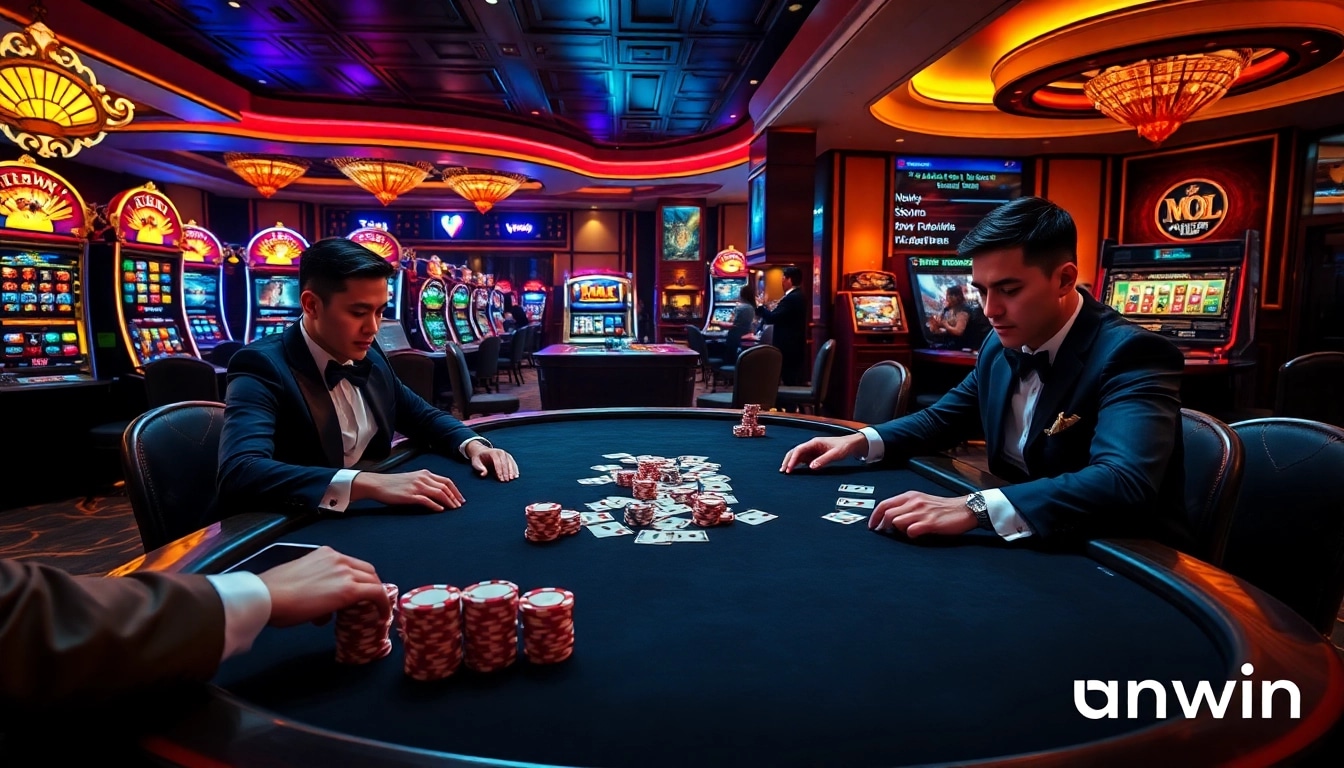 Experience luxury gaming with Sunwin at a high-stakes casino poker table featuring vibrant slot machines.