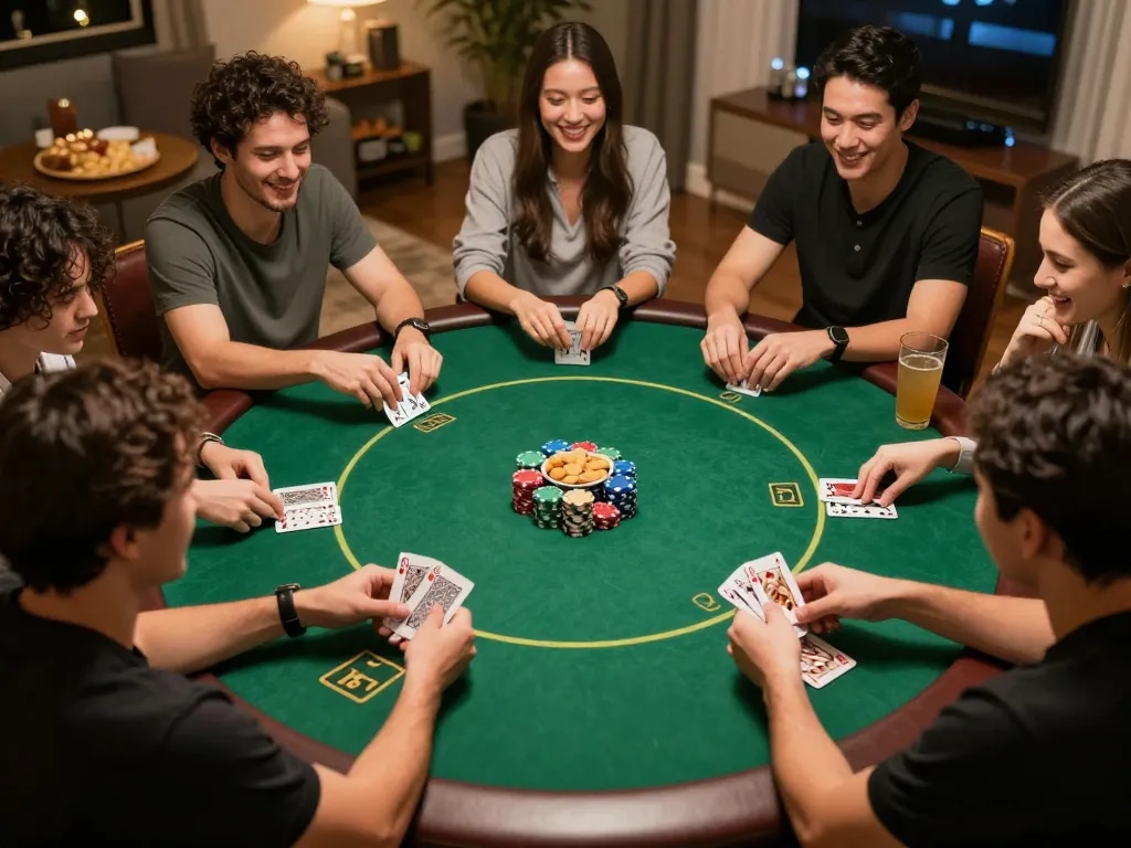 Engaged players at a home poker night enjoying vb88 game strategy over a colorful table.