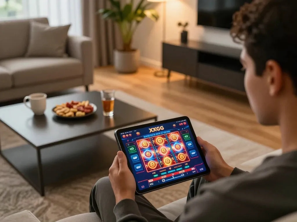 Player engaging with the XXGG online casino app on a tablet in a cozy home setting