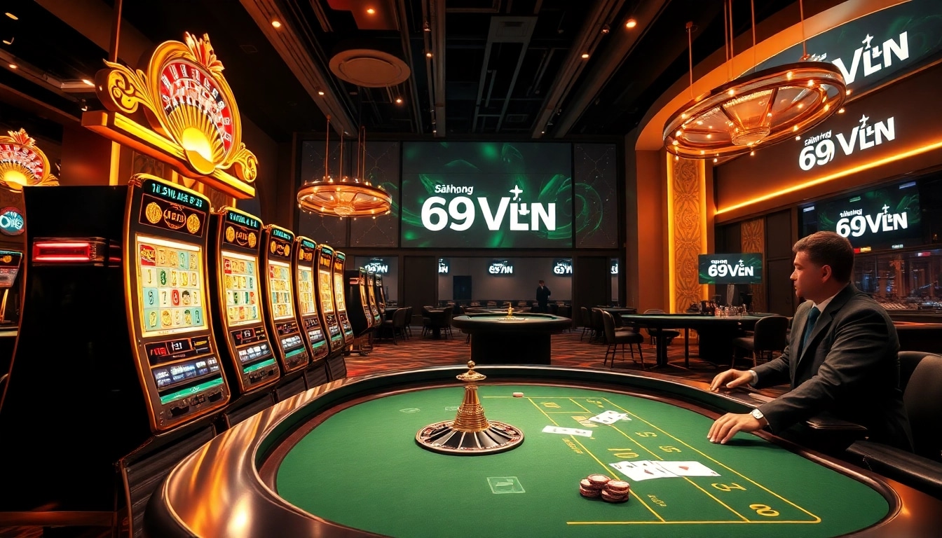 Engaging scene of Đăng ký 69VN online gambling experience with luxurious casino elements.