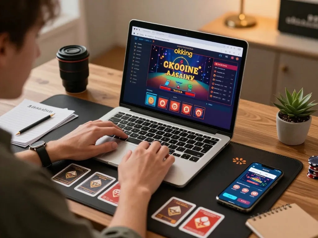 Engaging in strategic online gambling at okking while analyzing betting notes on a laptop.