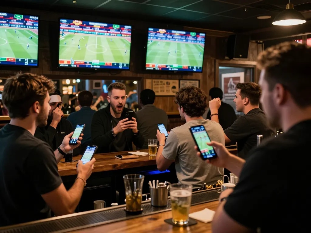 Exciting sports betting action at nhandinhkeonhacai, with patrons cheering and using apps to place wagers.
