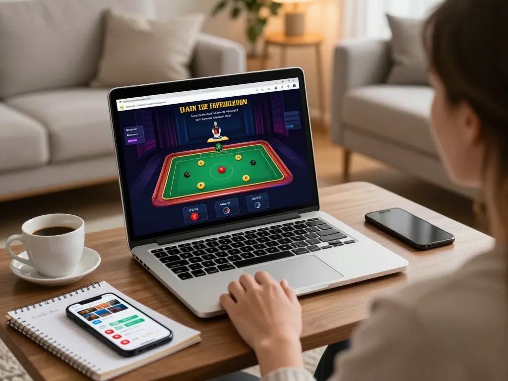 Xocdia88 player engaging with a live dealer game on a laptop in a cozy living room setting.