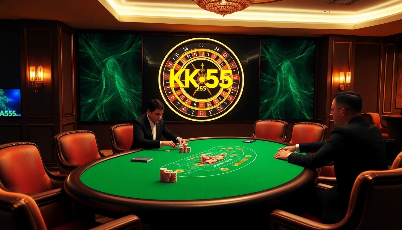 Experimente a emoção da KK55 em uma mesa de cassino online luxuosa com fichas de pôquer e uma roleta.