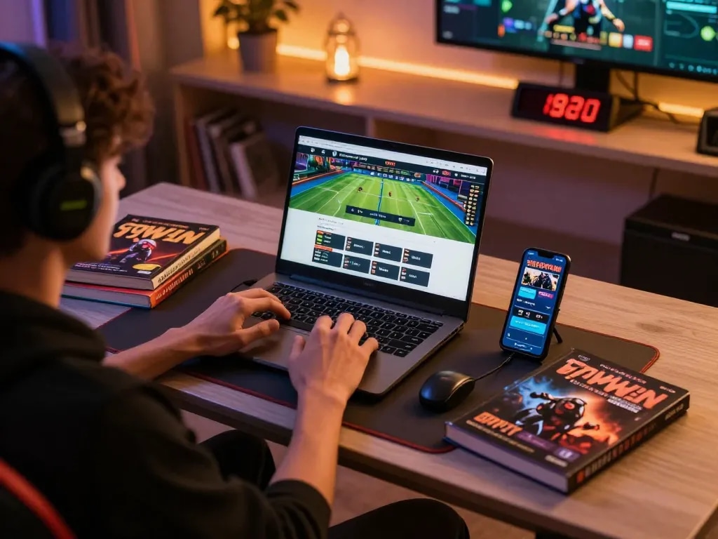 Engaging in sports betting on 99WIN with a modern gaming setup and laptop