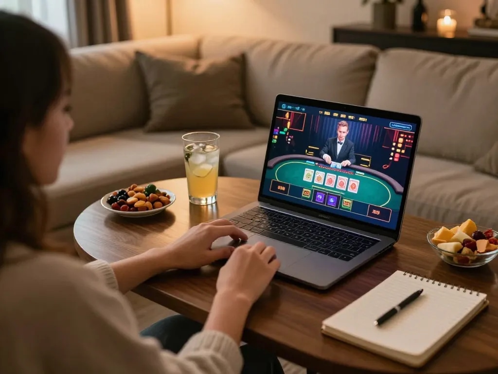 Player engaging in online kkwin gaming while enjoying a cozy home environment with snacks and drinks.