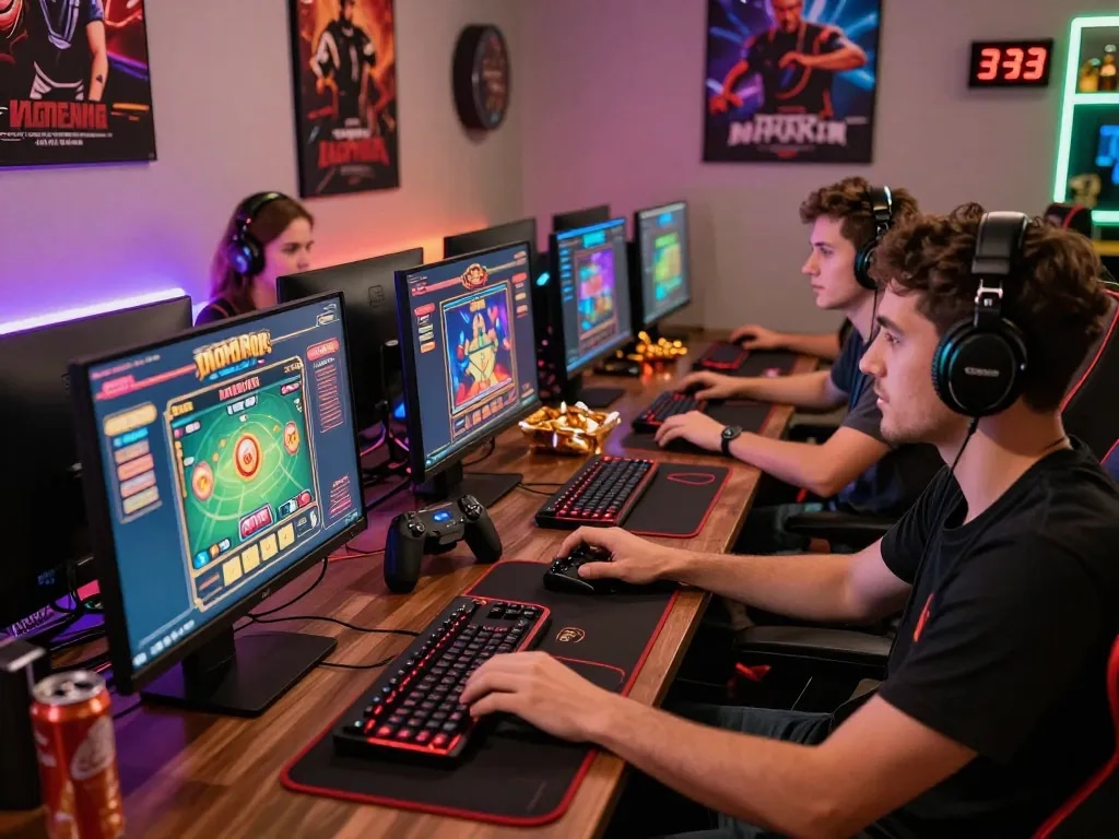 Online gaming experience at https://73h.br.com/ with friends engaged in digital betting and casino games in a vibrant room.