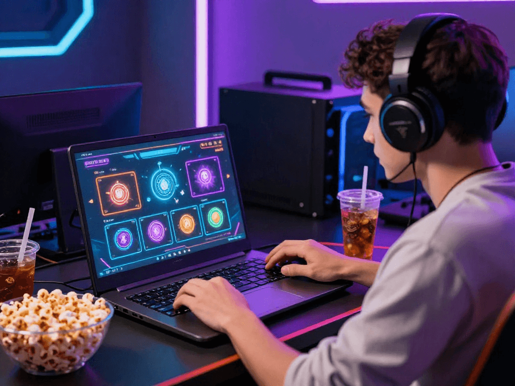 Engaging scene of a young adult at a crypto casino, immersed in online gaming with vibrant neon elements.