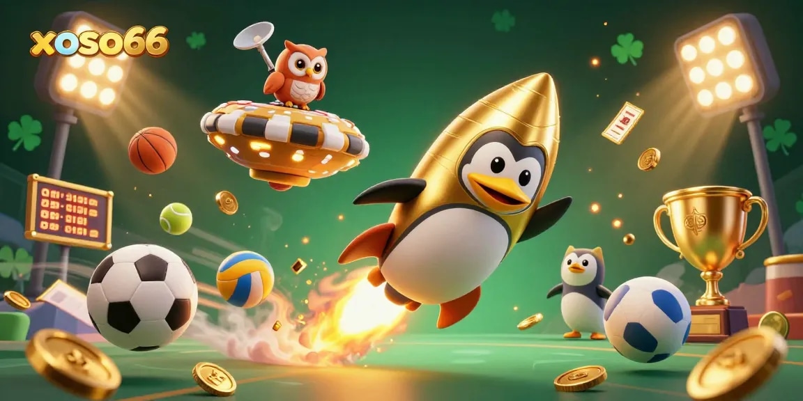 Experience thrilling gaming with xoso66 in an engaging 3D rocket penguin casino scene filled with excitement.