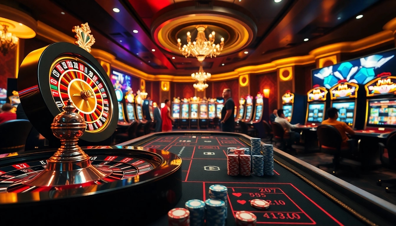 Exciting casino atmosphere showcasing online gambling at https://lodetructuyen.co/ with vibrant roulette and slot machines.