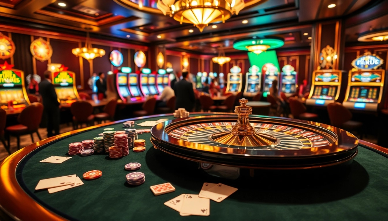 Players engaging in thrilling casino games at thabet, showcasing vibrant casino tables and exciting slot machines.