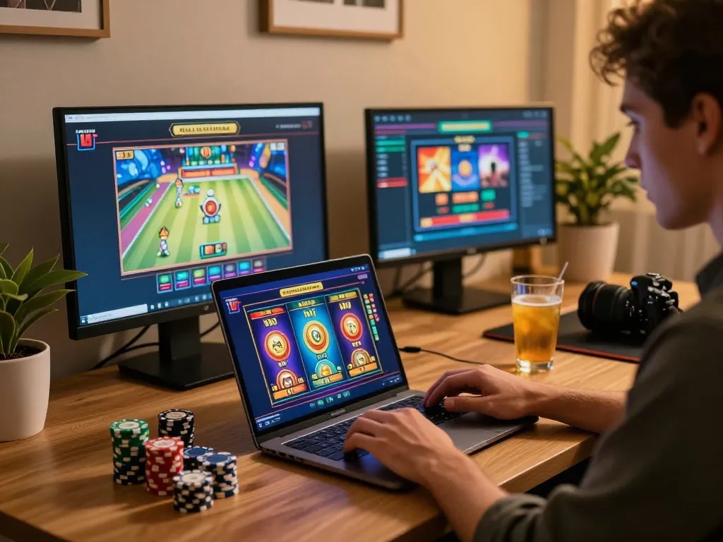 Pemain yang terlibat di situs slot dengan antarmuka permainan yang hidup di laptop, pengaturan yang nyaman dan mengundang.