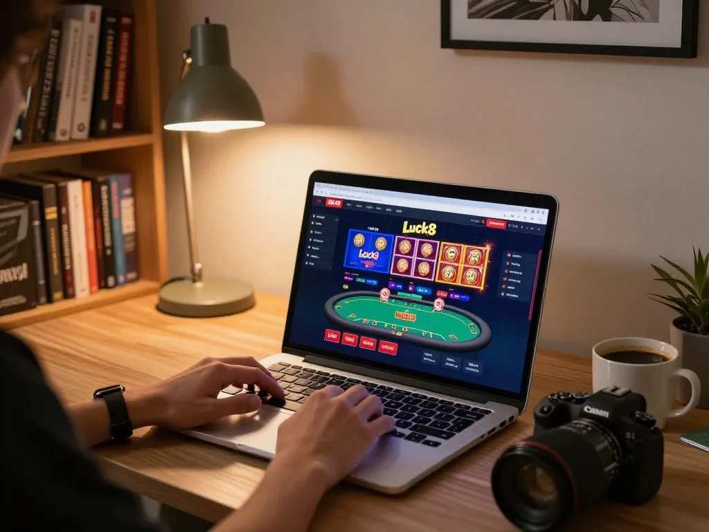 Engaging in online gaming on Luck8, showcasing a vibrant setup with casino games visible