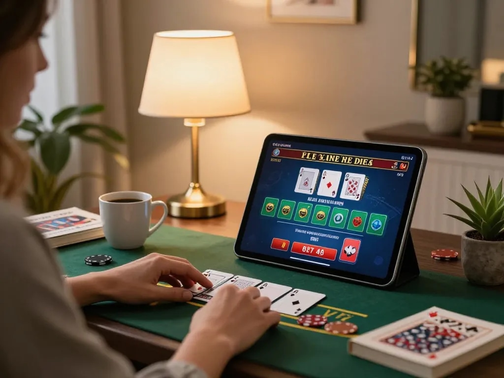 Player enjoying kp88 live dealer blackjack on a tablet during a cozy evening at home